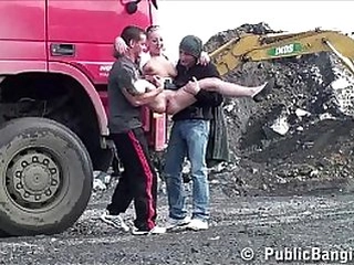 Cute teen girl in PUBLIC lovemaking construction site gang-bang three-way